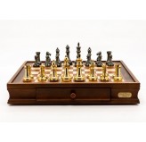 Dal Rossi Italy Chess Set Walnut Finish Withy Two Drawers 20″, With Very Heavy Brass Staunton Gold and Silver chessmen 110mm