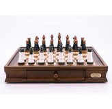 Dal Rossi Italy Chess Set Walnut Finish 20″ With Two Drawers, With Black and White Copper and Gun Metal Gray Tops Pieces 110mm